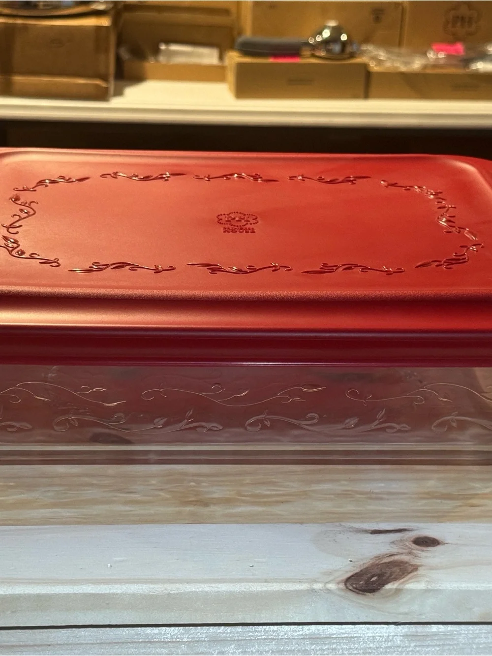 Princess House Red Embossed Glass Food Storage Container with Snap Lid